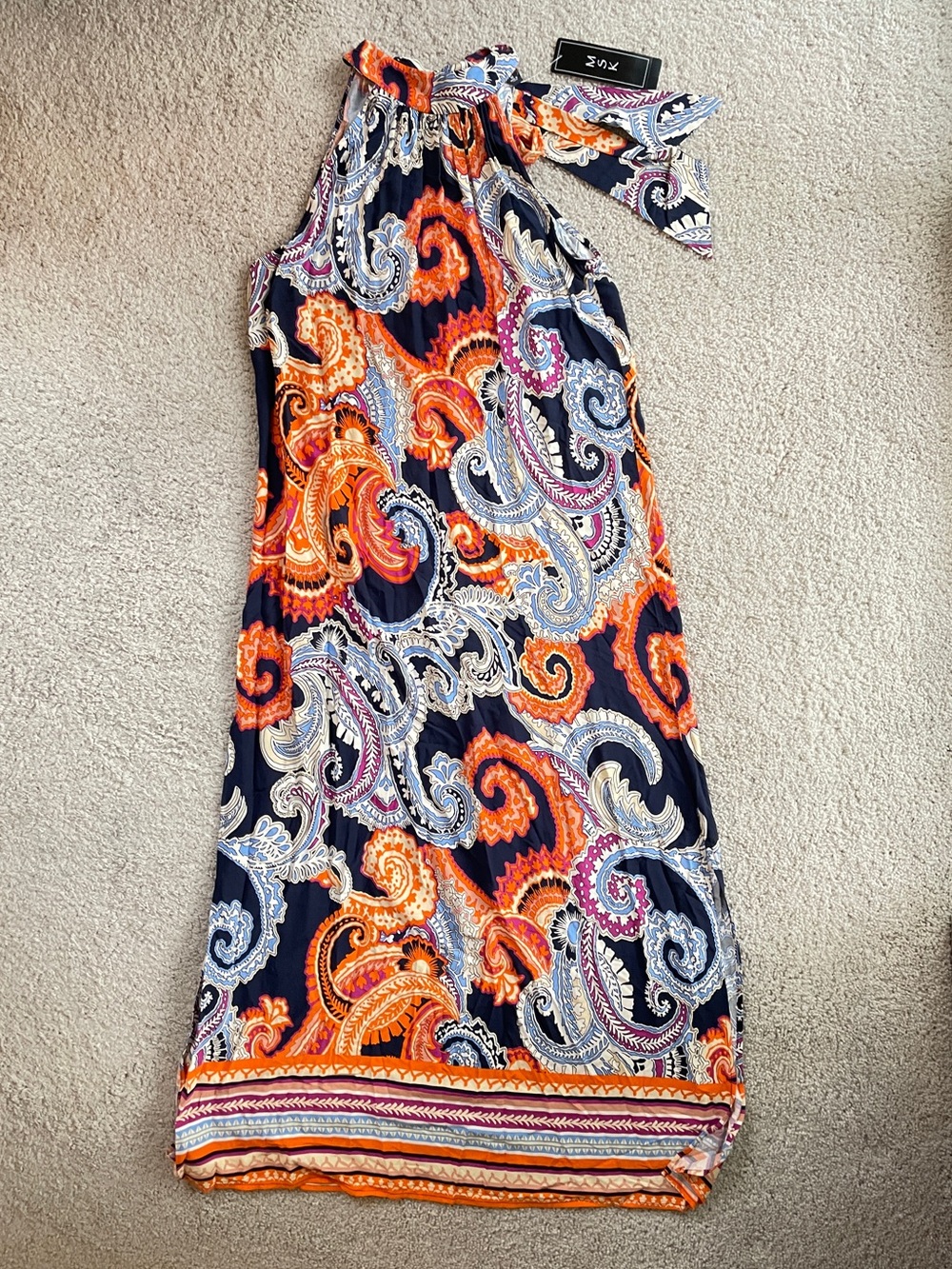 MSK High Neck Navy Orange Purple Paisley Boho Sleeveless Maxi Dress Size Medium